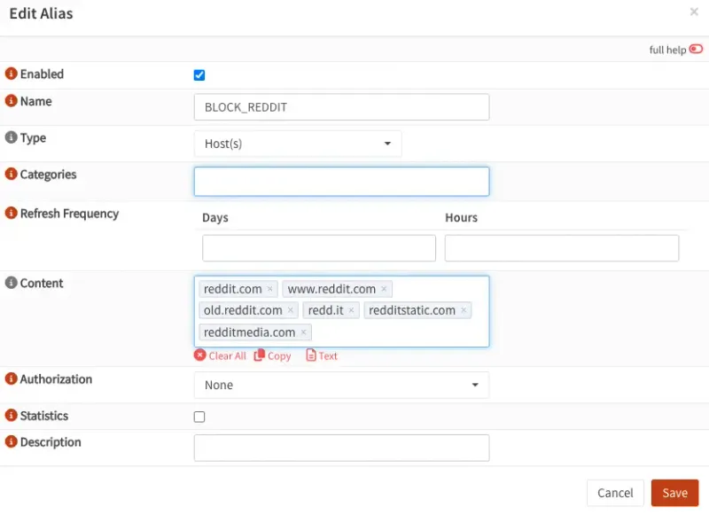 OPNsense Firewall → Aliases list showing BLOCK_REDDIT entry with all reddit domains