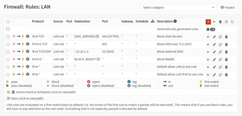 OPNsense Firewall Rules LAN all blocking rules: external DNS, DoT, DoH servers