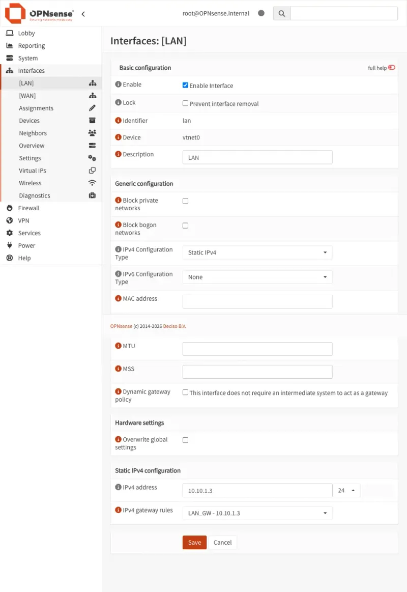 OPNsense dashboard showing configurations in Interfaces - LAN