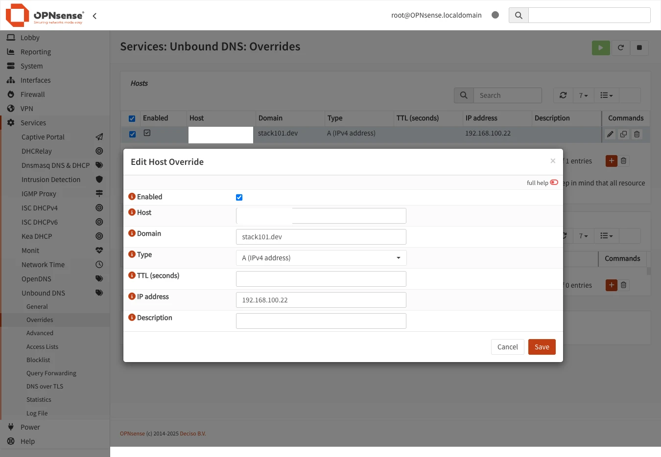 OPNsense Unbound DNS Host Override Configuration